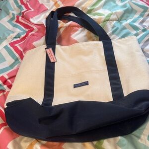 Vineyard Vines Cream Canvas Tote with Navy Trim